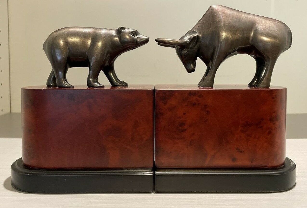 Wall Street Bull And Bear Burled Wood Bookends