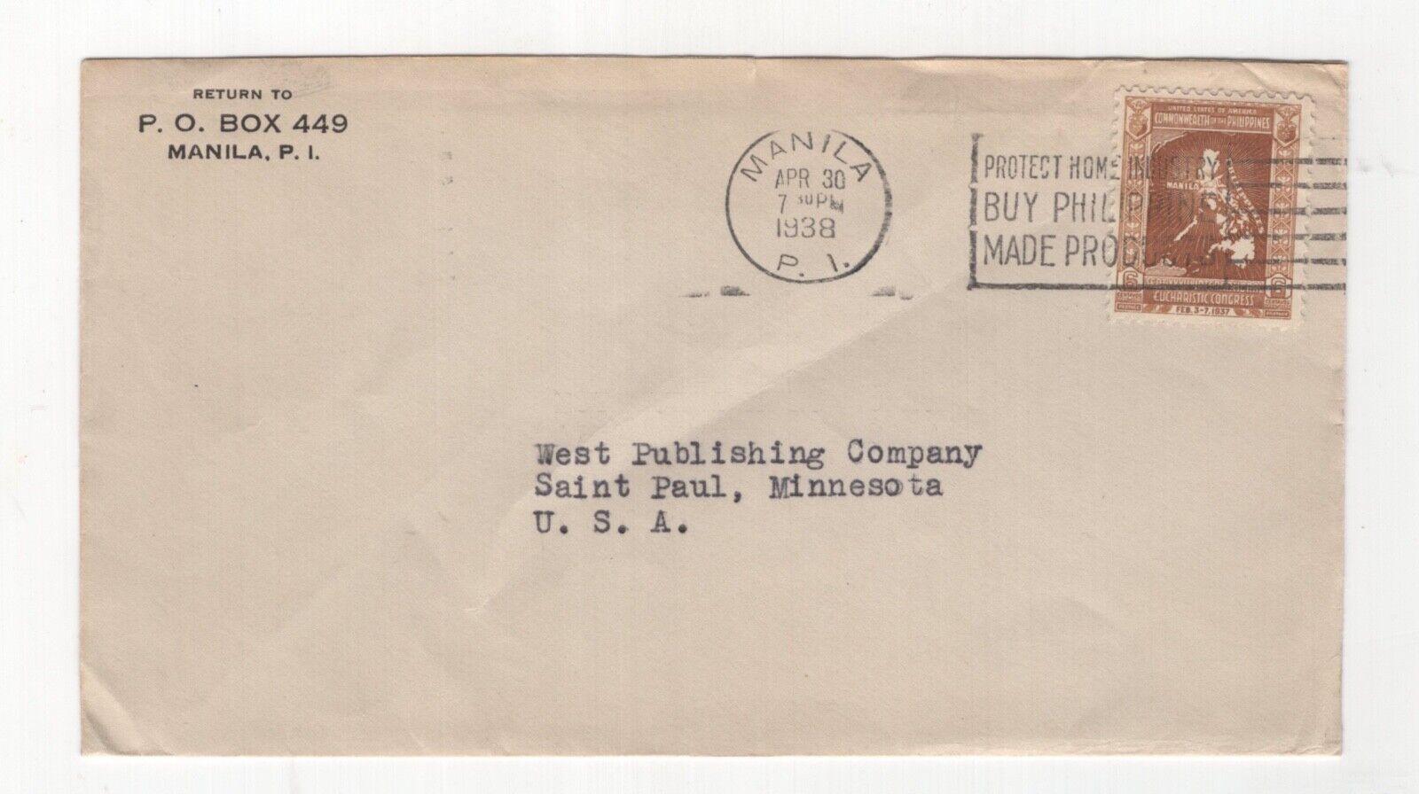 Philippines cover, Manila 1938, sent to St Paul Minnesota USA     (6736
