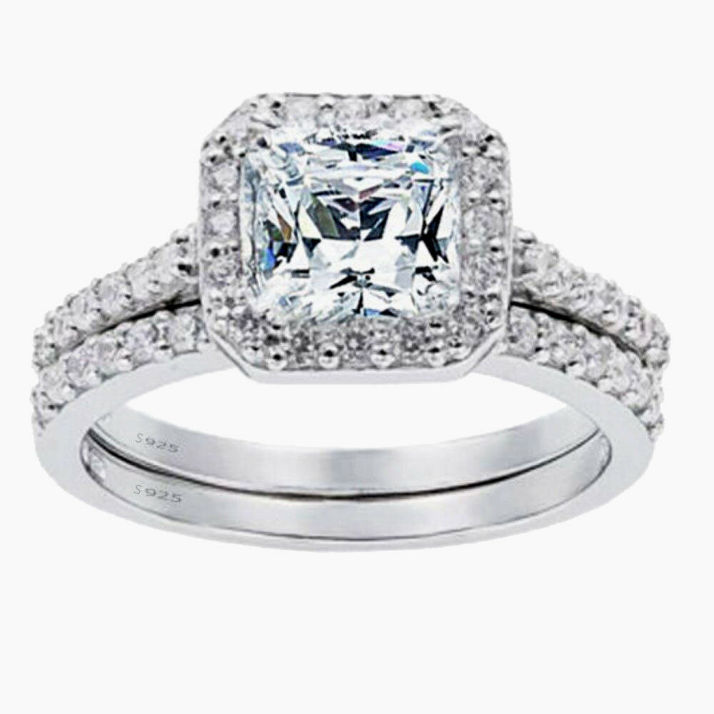 Women’s 1.8 CTW Princess Cut 925 Sterling Silver CZ Wedding Engagement Ring Set
