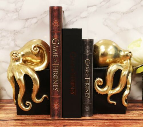 Nautical Coastal Gold Color Octopus Bookends Resin Statue Set With Black Base
