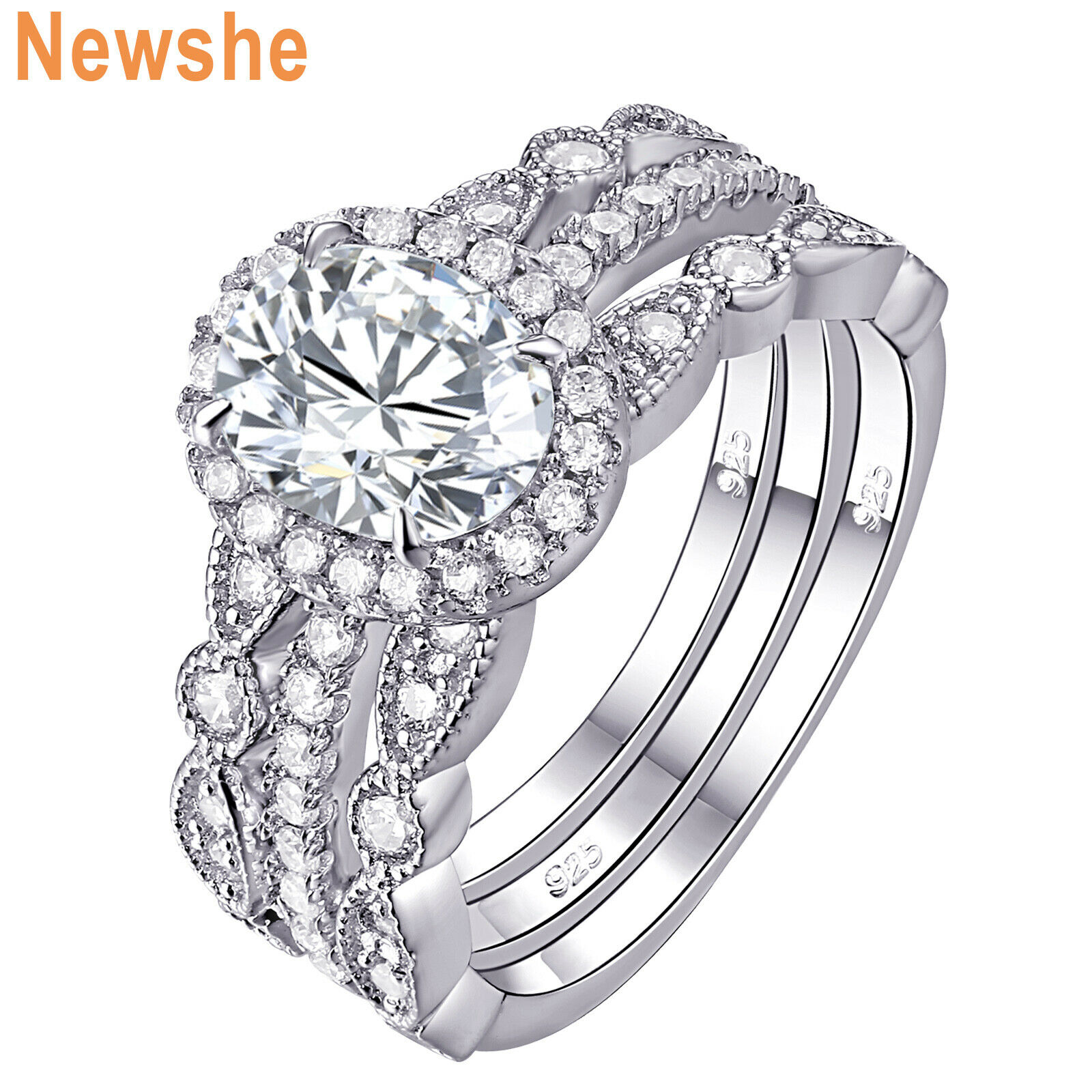 Newshe Engagement Wedding Ring Set For Women Oval Cz 925 Sterling Silver Sz 5-12