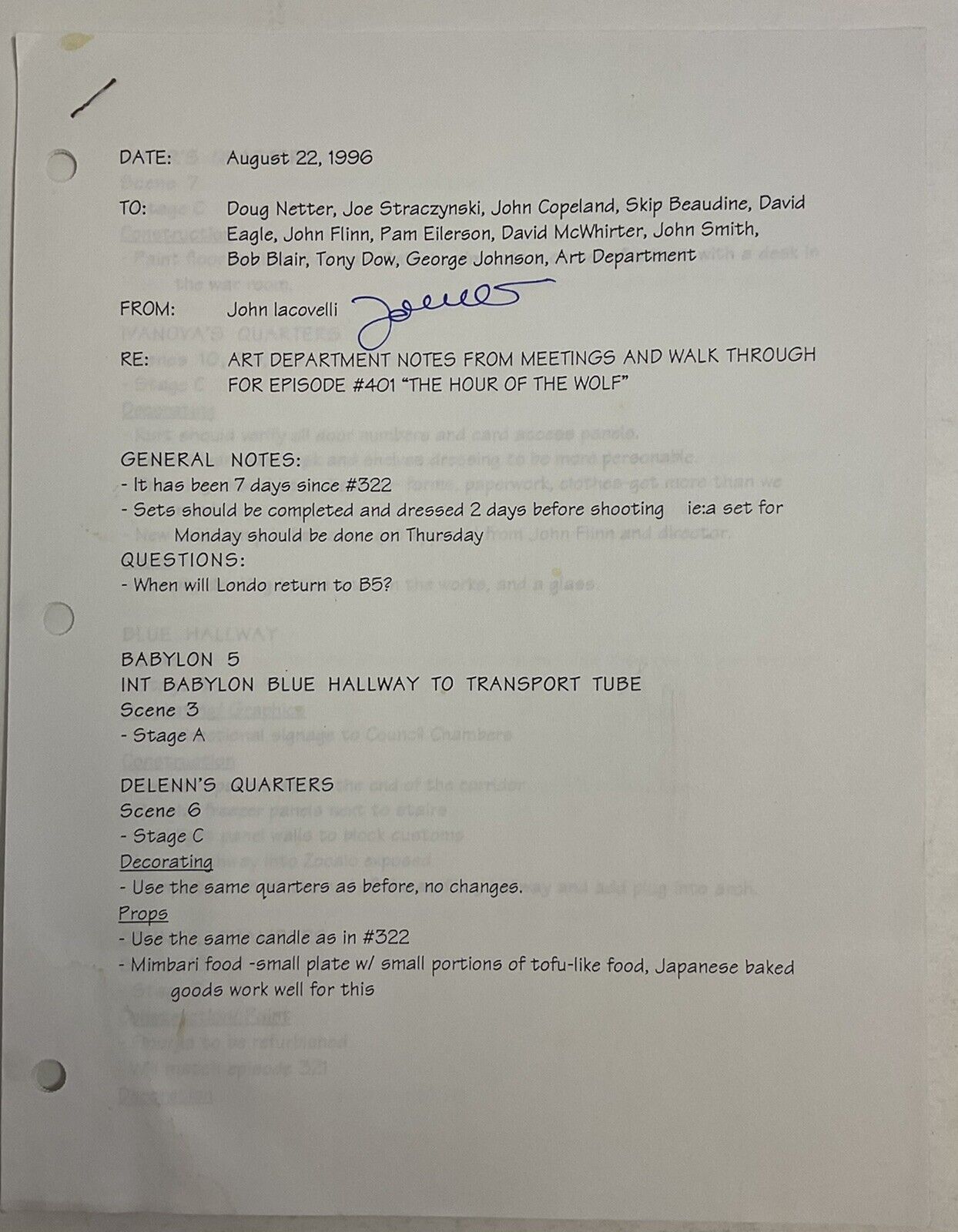 Babylon 5 Episode 401 The Hour Of The Wolf Signed Art Department Notes
