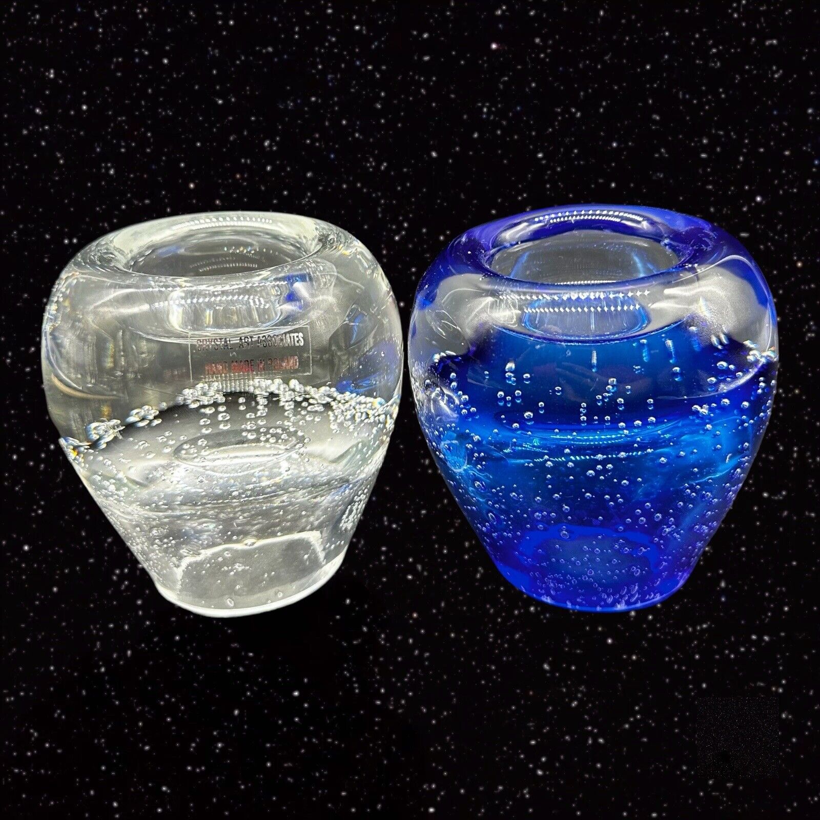 Vintage Polish Votive Art Glass Candle Holder Set Clear Cobalt Blue 3”T 3”W