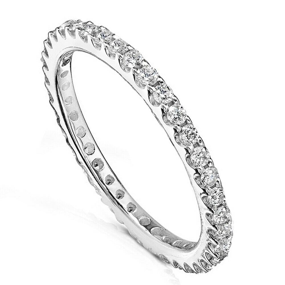 New Women Sterling Silver Wedding Band Anniversary Thin Cz Skinny Ring Size 4-10
