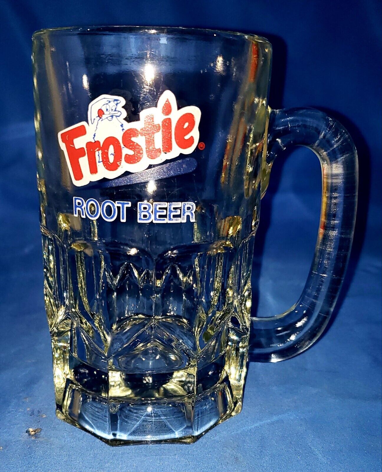 Frostie Root Beer mug. Eight diamond bevels. Red, white, blue. Very heavy. 6