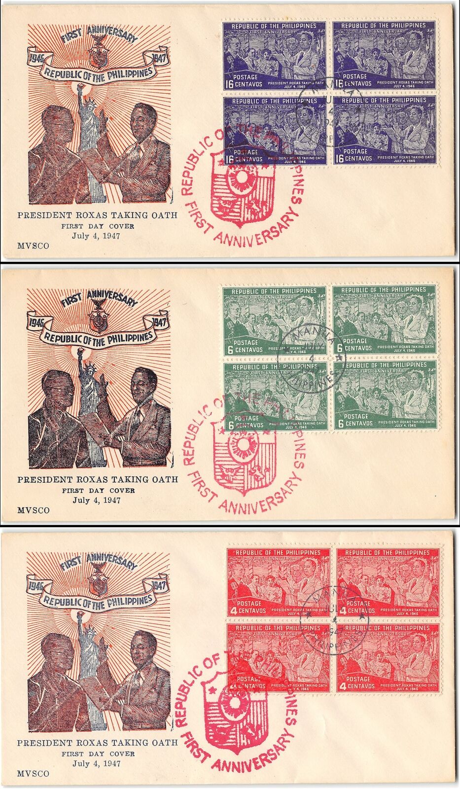Philippines #512-14 FDC, complete set of blocks of 4 on 3 covers, cacheted, 1947