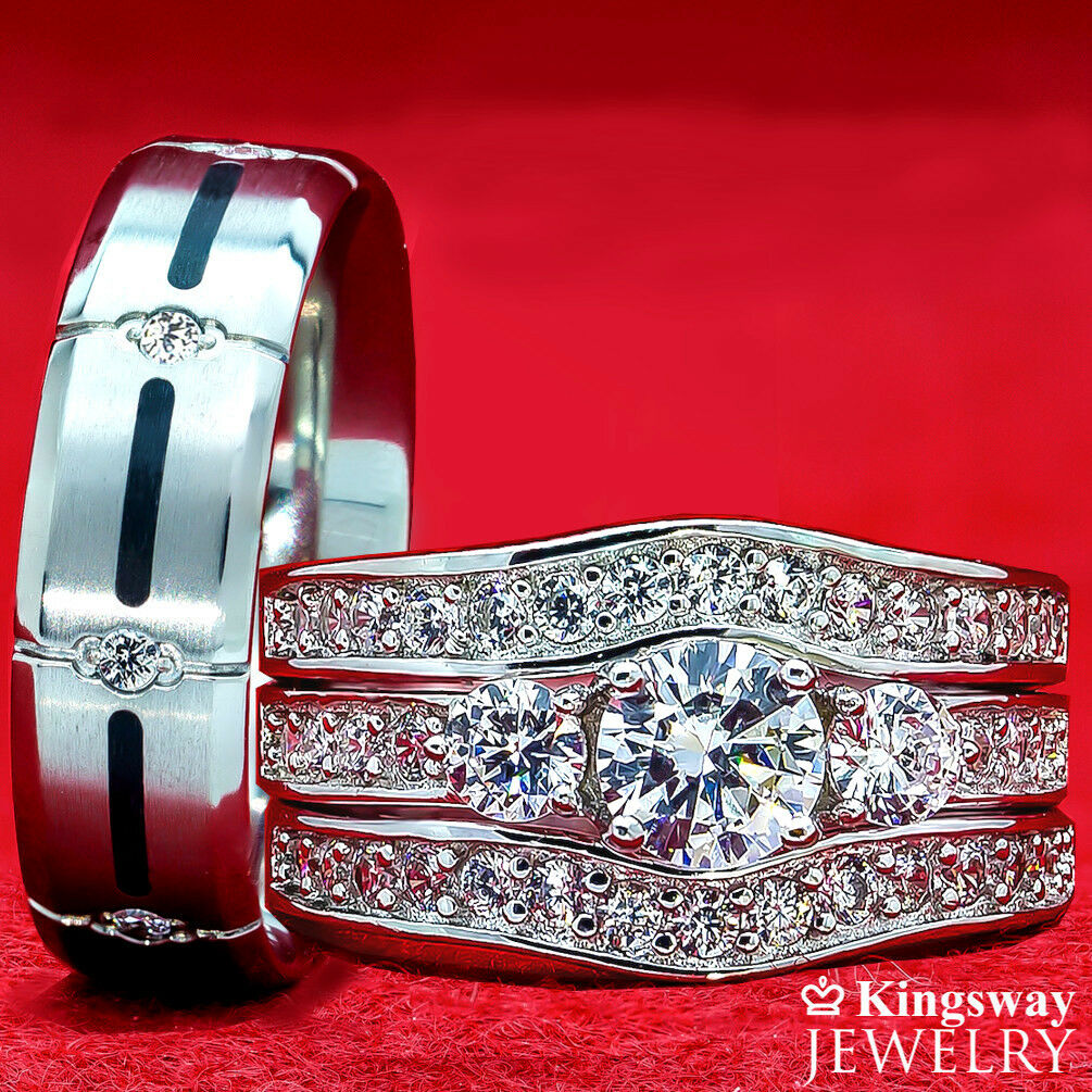 His & Hers 4 pcs Womens STERLING SILVER & Mens TITANIUM Wedding rings set bridal