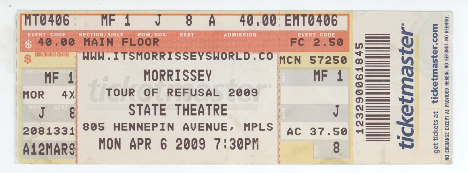 Rare MORRISSEY 4/6/09 Minneapolis MN State Theatre Concert Ticket! The Smiths