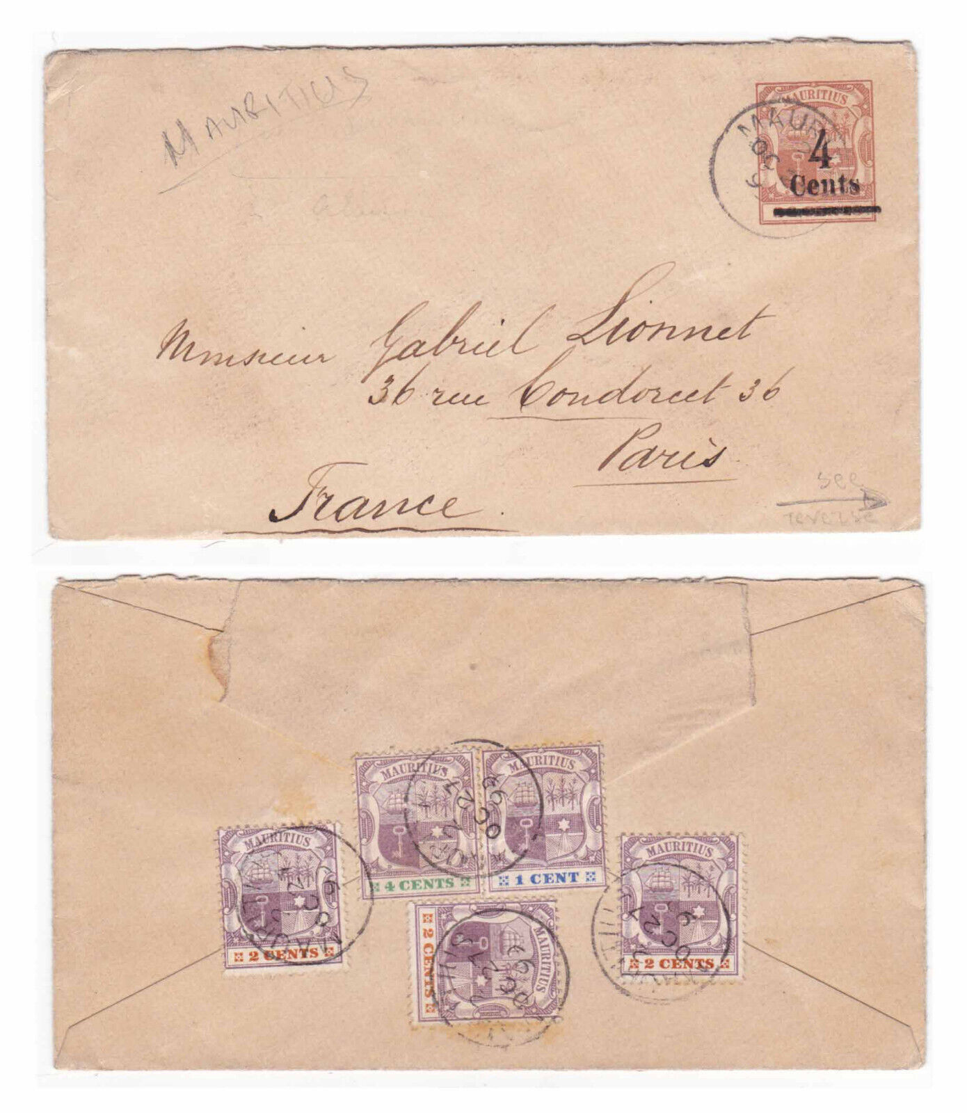 MAURITIUS..GREAT BRITAIGN..1899 A MULTIFRANKED COVER  SHIPPED TO PARIS.