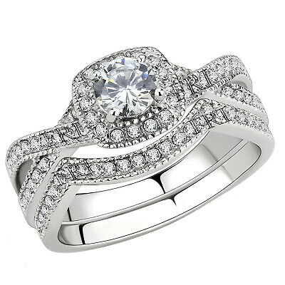 Stainless Steel Women's Infinity Wedding Ring Set Halo Round Cut Cubic Zirconia