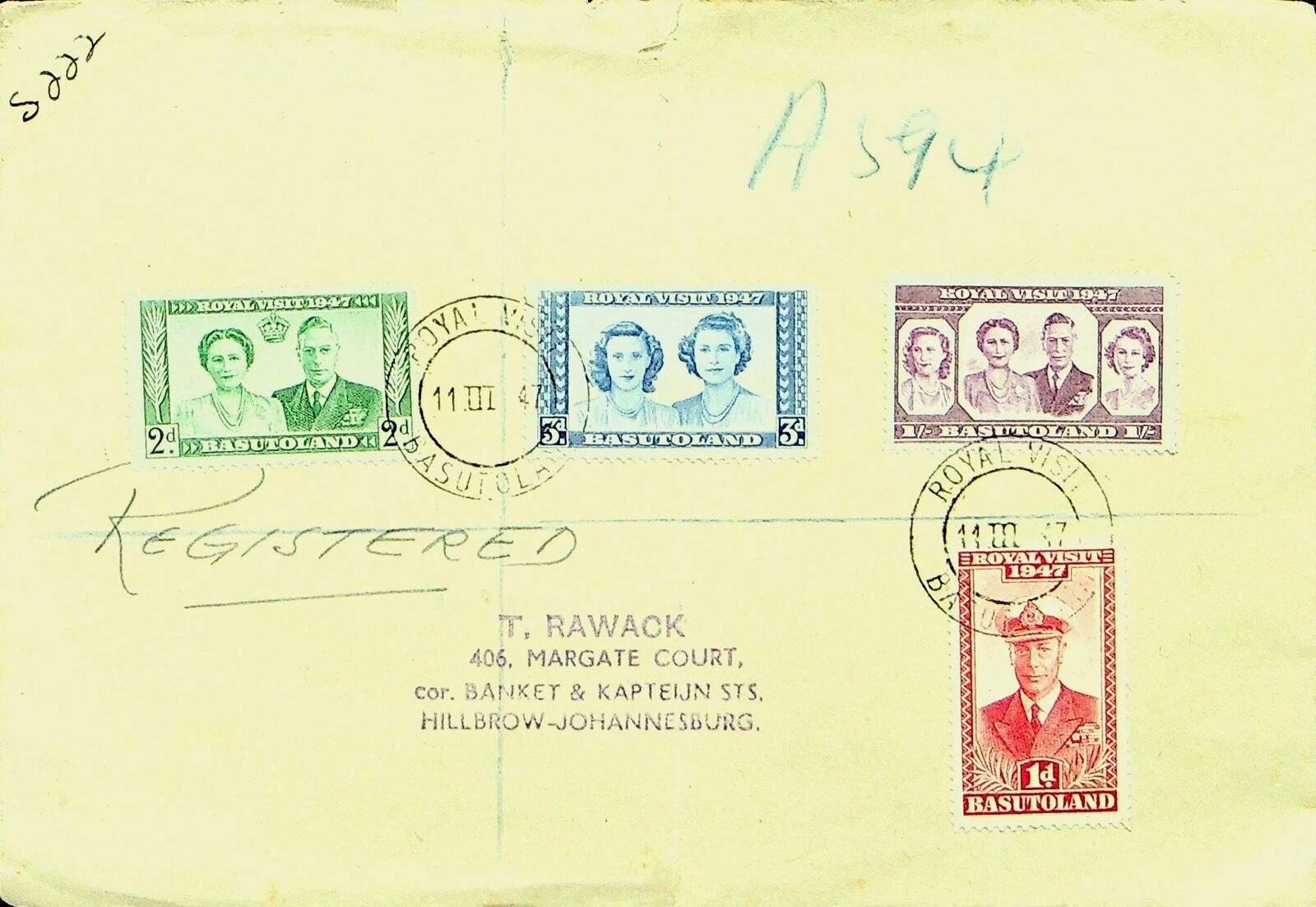 BASUTOLAND 1947 POST WWII 4v ROYAL VISIT ON REGD COVER TO JOHANNESBURG S. AFRICA