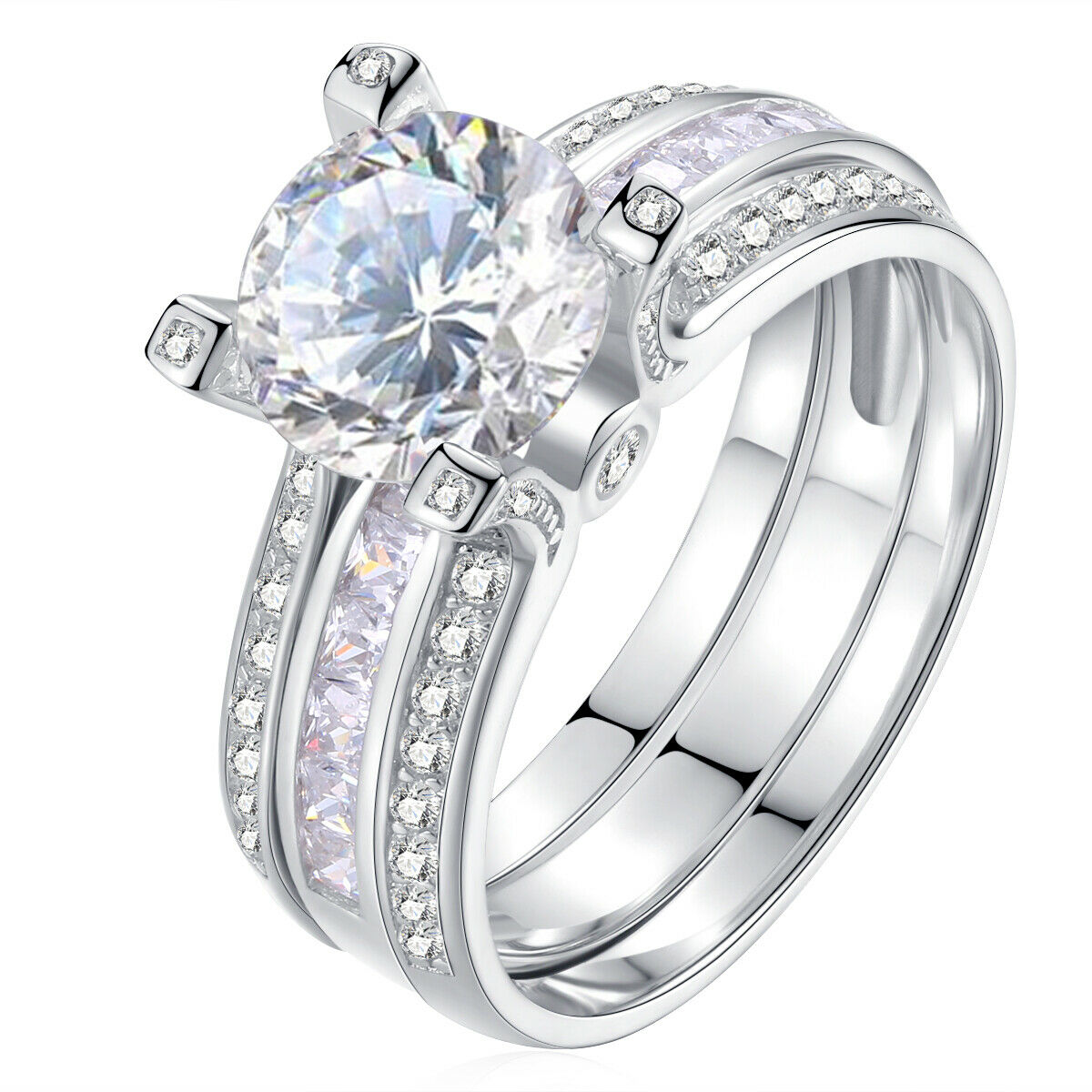 Wedding Band Engagement Ring Set For Women Round Cz White Gold Plated Size 8