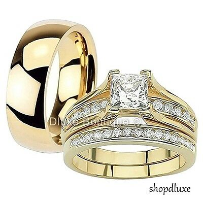 His & Hers 3 Piece 14k Gold Plated Stainless Steel Cz Wedding Ring Band Set