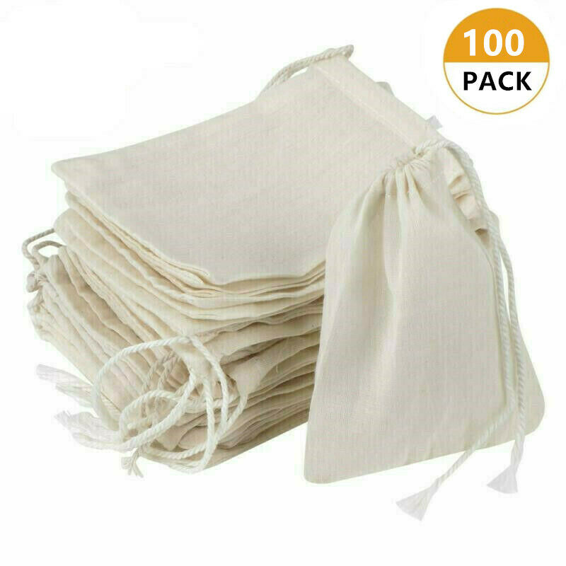 100 Pack Drawstring Cotton Bags Muslin Bags Large Spice Herbs Tea Bag 4''x 6''