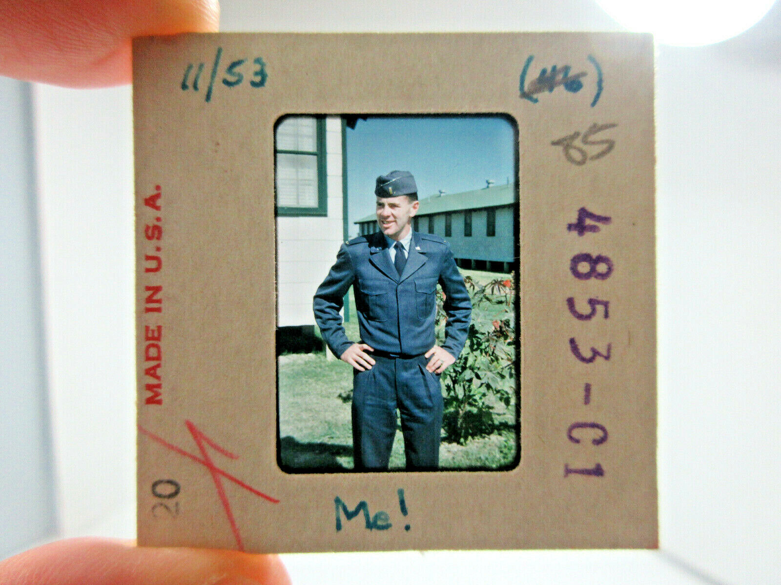 1954 Usaf Air Force Pilot In Uniform Standing Outside Barracks Photo Slide