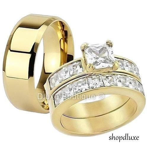 His & Hers 3 Piece 14k Gold Plated Cz Wedding Engagement Ring Band Set