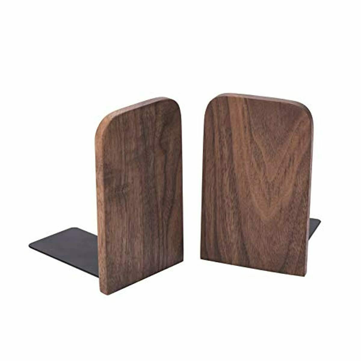 Vintage Wooden Bookends with Metal Base 2 Pcs Heavy Duty Black Walnut Book Stand