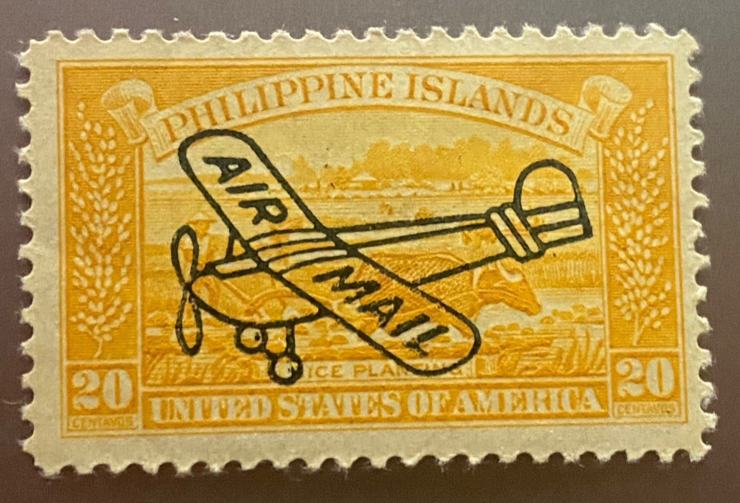 1933 20c Philippine Islands Airmail, yellow, unwatermarked, perf 11 MH OG. VF