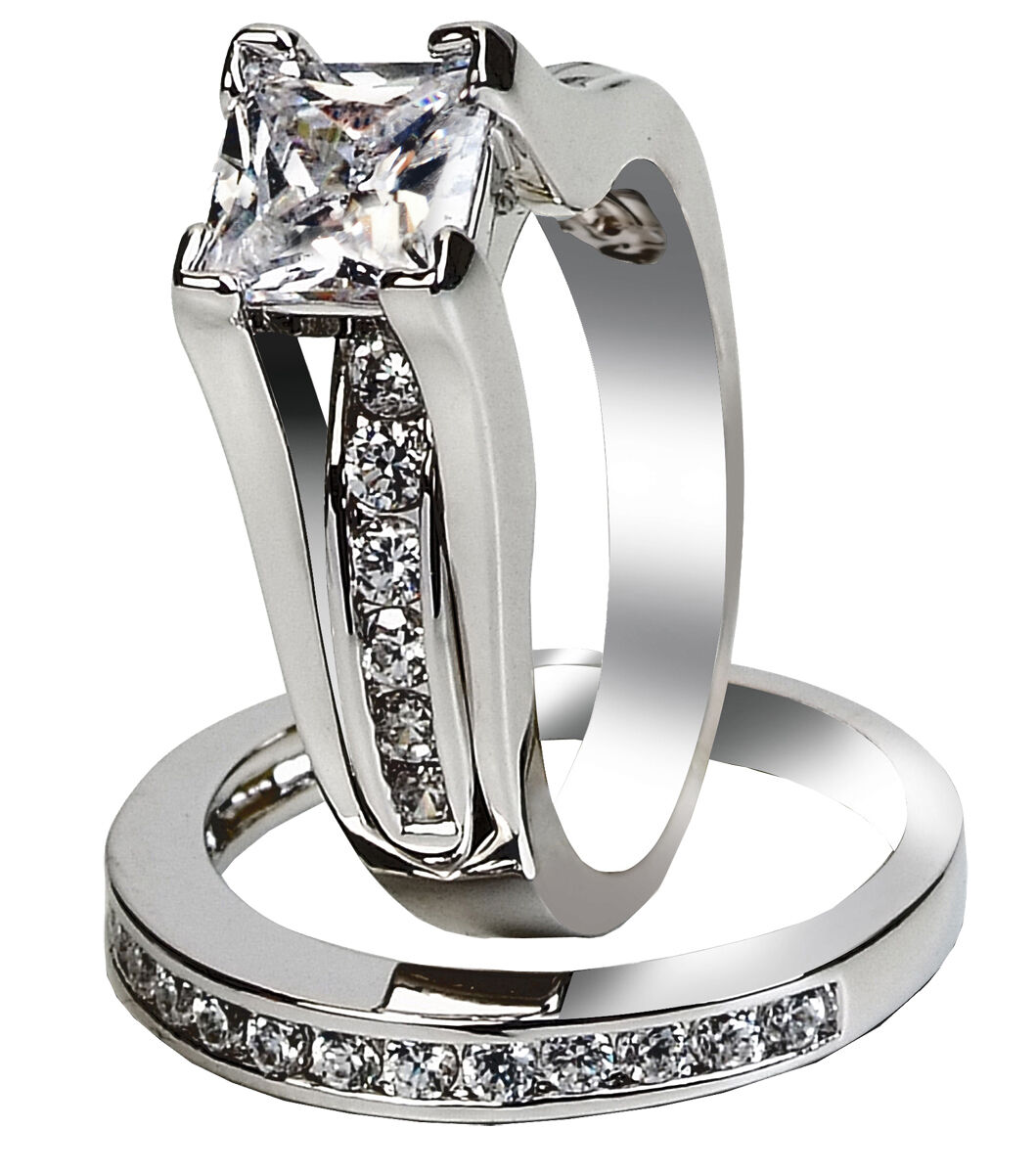 Classy Women Stainless Steel Princess Cut Wedding Engagement Ring Set Size 5-11