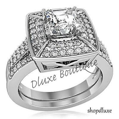 2.65 Ct Halo Princess Cut Cz Stainless Steel Women's Wedding Engagement Ring Set