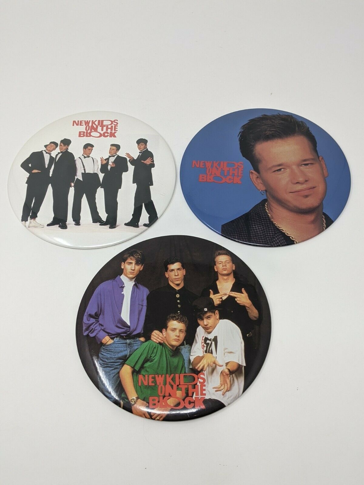 Lot Of 3 Vintage 1990 New Kids On The Block Large Button Pin 6" W/ Picture Stand
