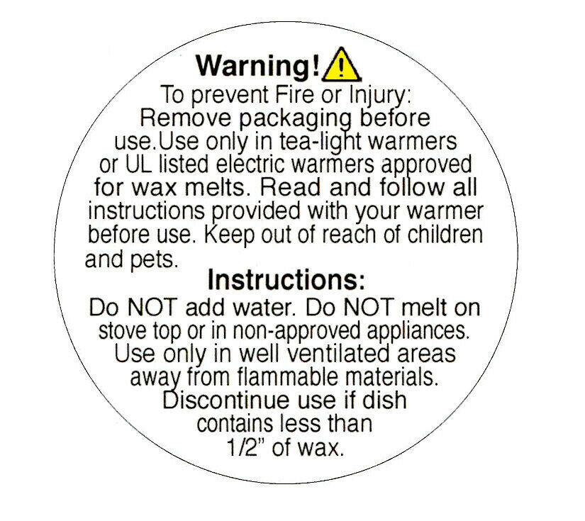 2-IN Round ~ WAX MELTS BURN WARNING STICKERS LABELS CAUTION INSTRUCTIONS