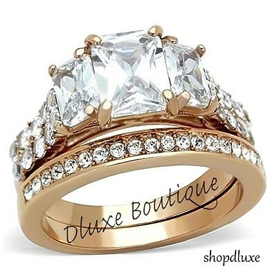 4.50 Ct Emerald Cut Cz Rose Gold Ip Wedding Engagement Ring Set Women's Sz 5-10