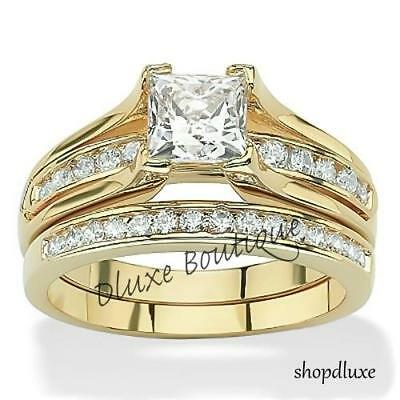 Women's 14k Gold Plated Princess Cut Aaa Cz Wedding Ring Set Size 5,6,7,8,9,10