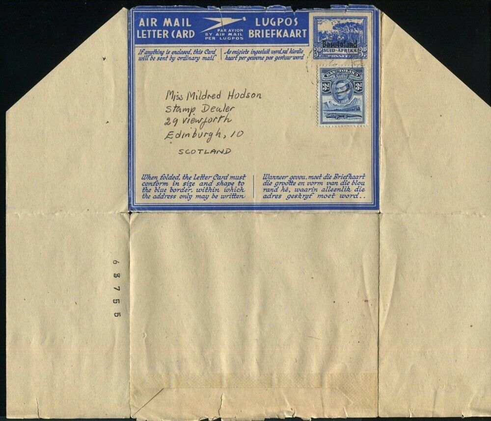Basutoland Air Letters Stationery Overprint George Sixth 1954