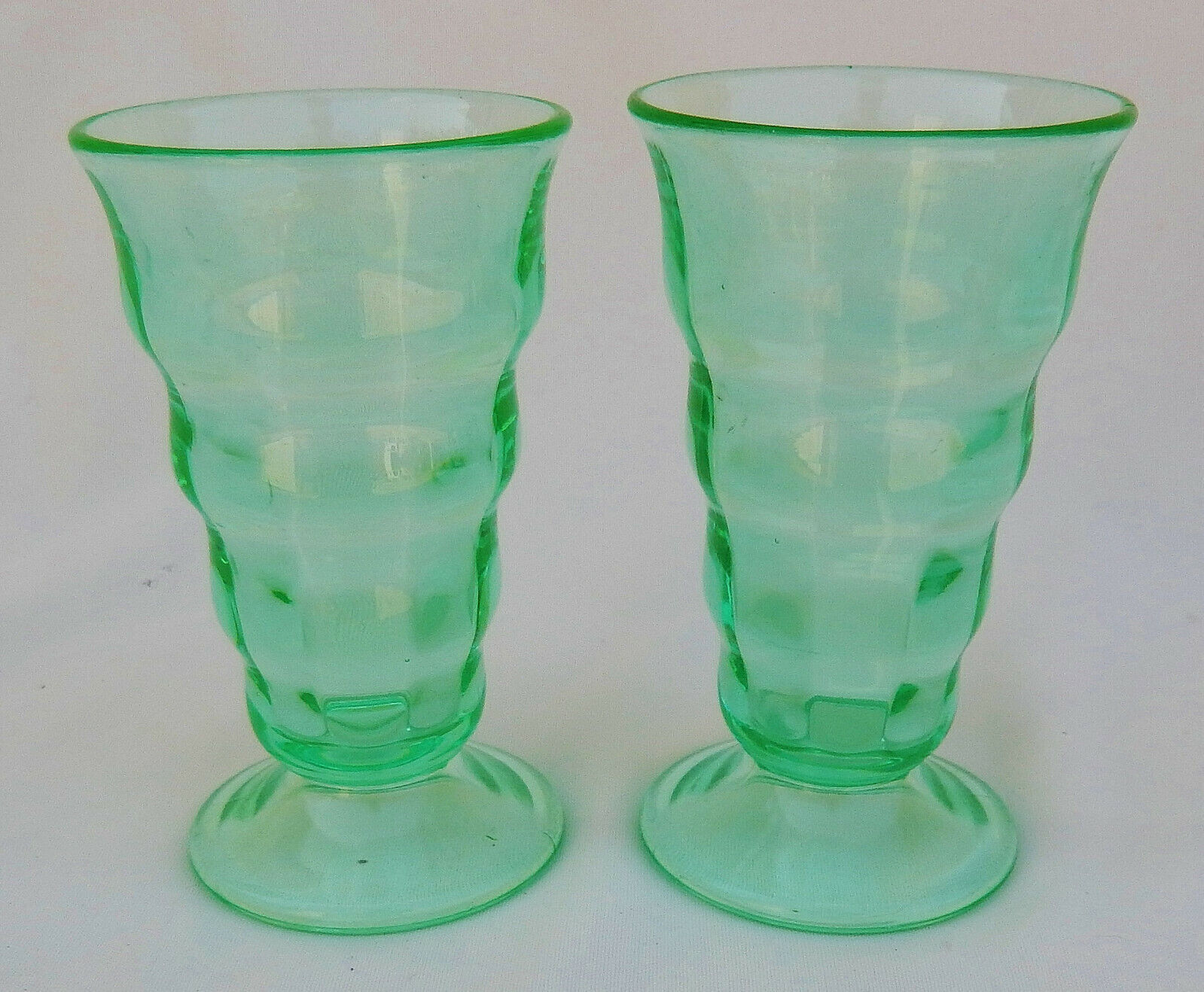 2 Vtg. Paden City Uranium Green 12 Oz. Soda Fountain Malt 5-3/4" Glasses